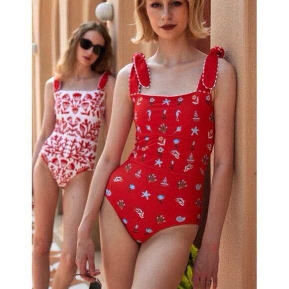 Jessie Zhao One-Piece Swimsuit Womens S Red Coral Tie Strap Reversible Swimwear - Picture 1 of 8